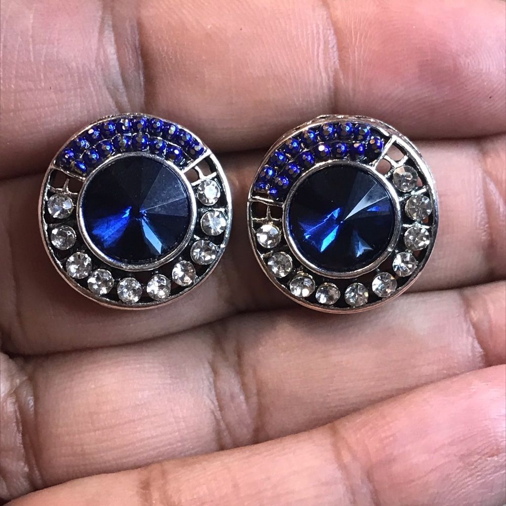 Vintage  Circular Rhinestone Gemstone Blue and Silver Stud Earrings